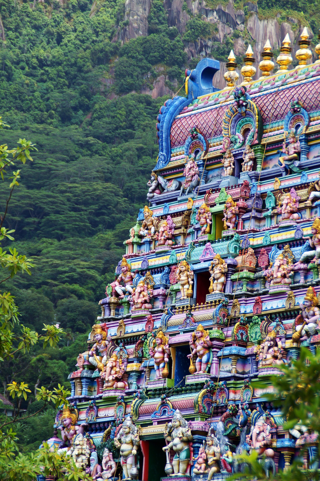 Architectural detail of the colorful Arul Mihu Navasakthi Vinayagar Hindu Temple