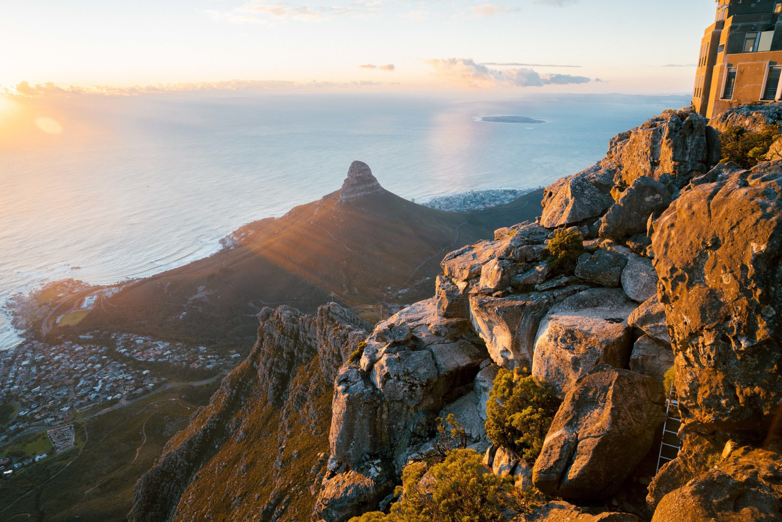 view of Lion's Head Rock formation from Table Mountain in Cape Town, South Africa