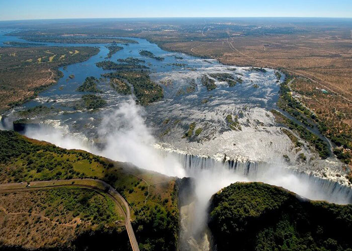 Aerial view of Zambezi river flowing into Victoria Falls