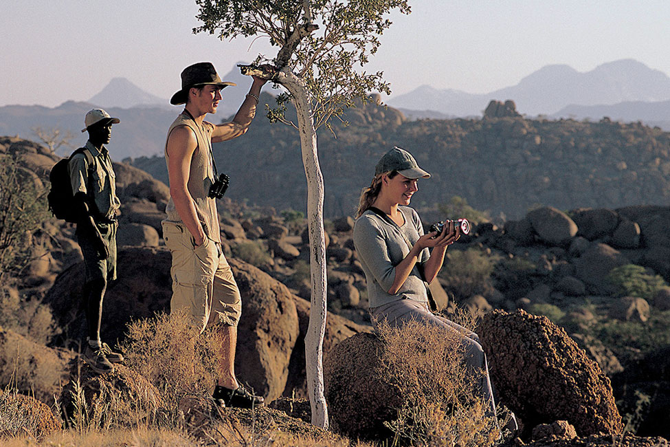 people pause on a walking trail to take safari photos