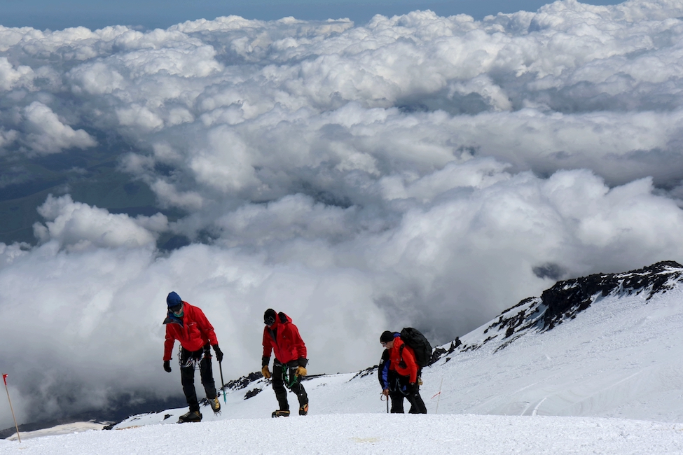 Three climbers in red jackets walk on snow above clouds in kilimanjaro