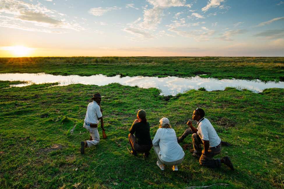 A walking safari at sunset in Chobe Enclave, a private reserve near Chobe National Park.